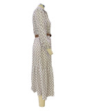 Fashion Belt Printed V-Neck Simple Chic Long Dress