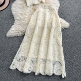 Lace Embroidered Blouse & High-Waisted Midi Skirt Set