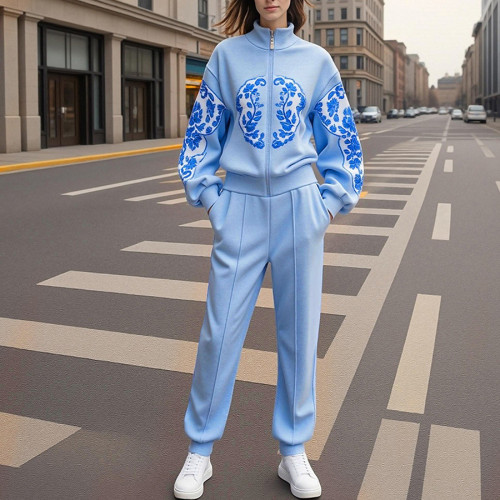 Azure Breeze - 2-Piece Long Sleeve Leisure Set for Unwinding