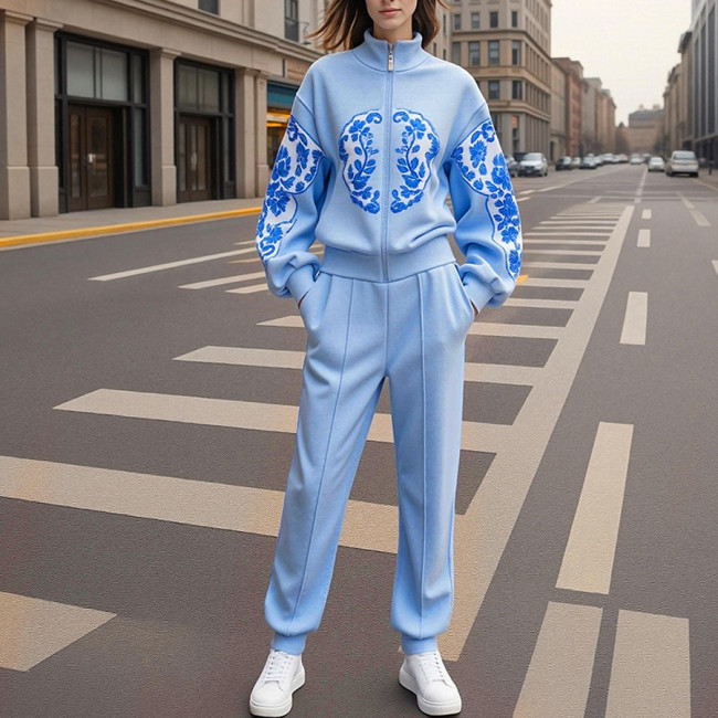 Azure Breeze - 2-Piece Long Sleeve Leisure Set for Unwinding