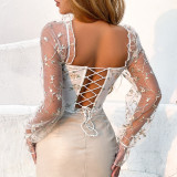 Embroidered Illusion Mesh Long Sleeve Corset Top