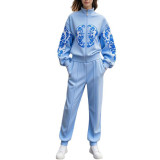 Azure Breeze - 2-Piece Long Sleeve Leisure Set for Unwinding