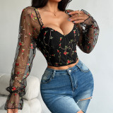 Embroidered Illusion Mesh Long Sleeve Corset Top - Low Plunge Steel Boned Fishbone Detail | ihoov
