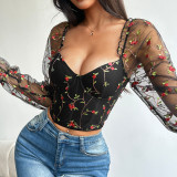 Embroidered Illusion Mesh Long Sleeve Corset Top