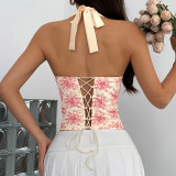 Floral Edge Ruffled Open-Back Halter Neck Steel Boned Fishnet Bralette