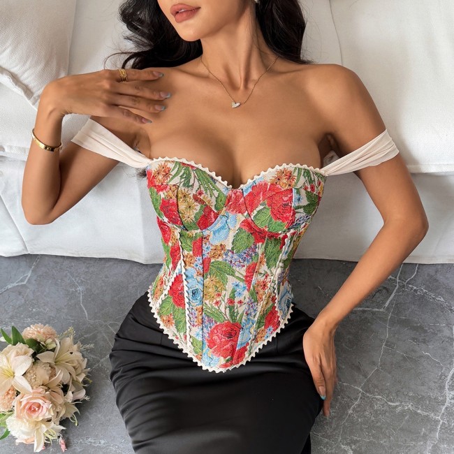 Embroidered Palace-Inspired Corset Crop Top with Fishbone Detailing and Cotton Back
