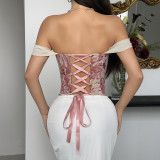 Embroidered Palace-Inspired Corset Crop Top with Fishbone Detailing and Cotton Back