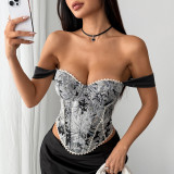 Embroidered Palace-Inspired Corset Crop Top with Fishbone Detailing and Cotton Back