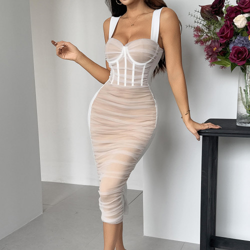 Seamless Mesh Panelled Bodycon Dress with Ruffled Hem and Flattering Silhouette