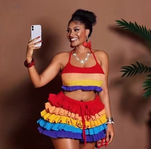 Color-Block Knit Off-The-Shoulder Top & Ruffled Shorts Set