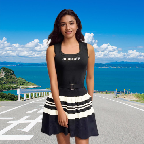 Striped U-Neck Ruffle Sleeveless Knit Dress with Tiered Skirt