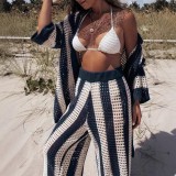 Contrasting V-Neck Striped Knit Top & Wide Leg Pants Set