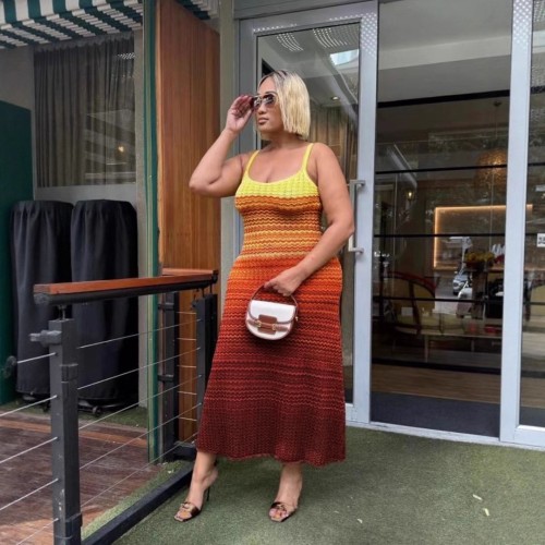 Gradient Stripe Sleeveless Off-the-Shoulder Bodycon Waist-Cinching Knit Dress