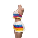 Color-Block Knit Off-The-Shoulder Top & Ruffled Shorts Set