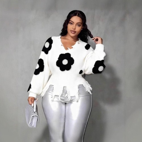 Distressed Cross Fringe Oversized Sweater