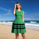 Striped U-Neck Ruffle Sleeveless Knit Dress with Tiered Skirt
