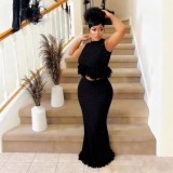 Fringe Sleeveless High-Neck Top & Bodycon Maxi Skirt Set