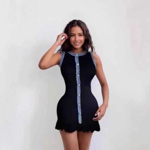 Fringed Denim Trim Knit Cropped Vest Dress