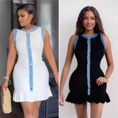 Fringed Denim Trim Knit Cropped Vest Dress