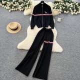 Women's Round-Neck Sweater & Wide-Leg Pants Zip-Up Knit Set