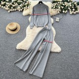 Women's Round-Neck Sweater & Wide-Leg Pants Zip-Up Knit Set