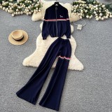 Women's Round-Neck Sweater & Wide-Leg Pants Zip-Up Knit Set