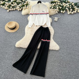 Women's Round-Neck Sweater & Wide-Leg Pants Zip-Up Knit Set