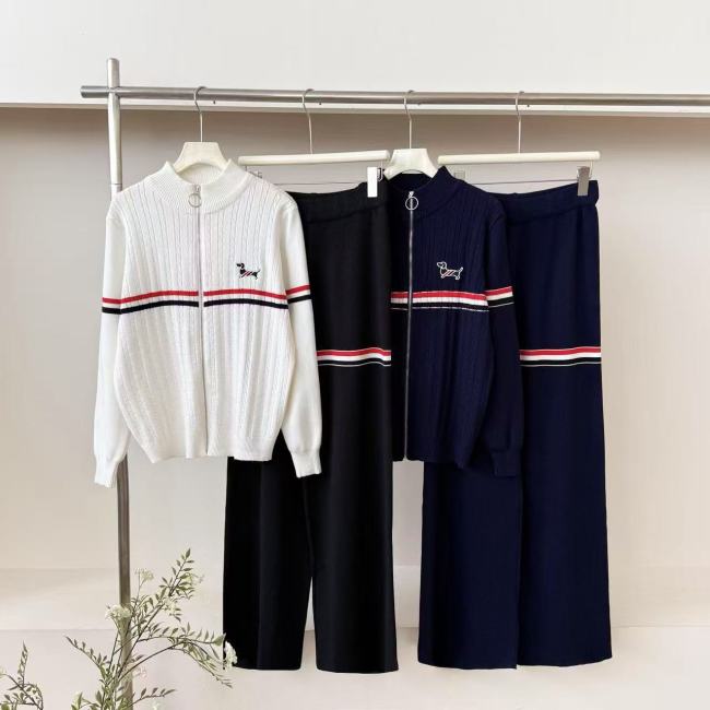 Women's Round-Neck Sweater & Wide-Leg Pants Zip-Up Knit Set