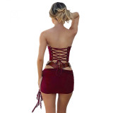 Exclusive Leather Corset Waist Accent Mini Skirt Set