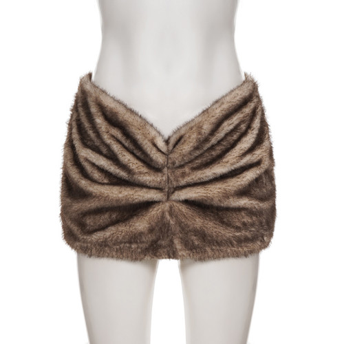 ihoov's Side Ruched Low-Rise Cheeky Faux Fur Mini Skirt