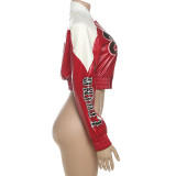 Fitted Short PU Leather Jacket with Bold Print & Color Block