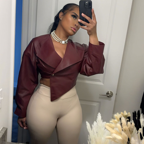 Women's PU Leather Waist-Cinched Jacket