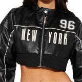 Unique Fit Women's Zip Up Leather Jacket with Fashion Print Patchwork