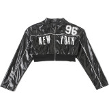 Unique Fit Women's Zip Up Leather Jacket with Fashion Print Patchwork