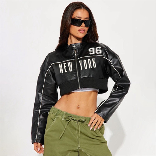 Unique Fit Women's Zip Up Leather Jacket with Fashion Print Patchwork