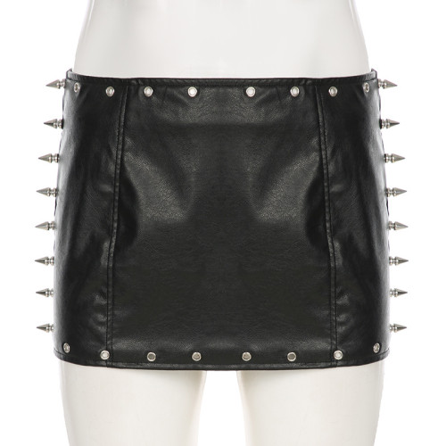 Punk-Inspired Studded PU Leather Mini Skirt