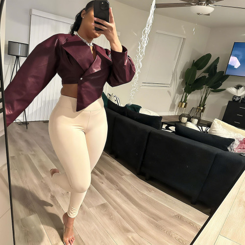 Women's PU Leather Waist-Cinched Jacket