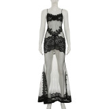 Whimsy Lace Trim Mesh Maxi Dress with Suspender for Vacation Sleepwear
