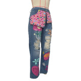 Distressed Denim Jeans with Strategic Rhinestone Embellishments