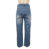 Distressed Denim Jeans with Strategic Rhinestone Embellishments