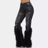 IHOOV Embellished Distressed Denim Jeans with Faux Fur Trim