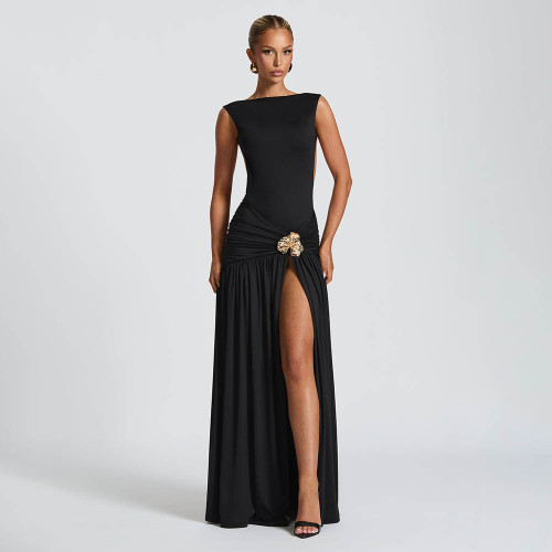 Sleeveless Backless High-Slit Pencil Dress with Gathered Waist