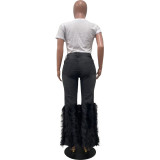 IHOOV Embellished Distressed Denim Jeans with Faux Fur Trim