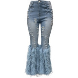 IHOOV Embellished Distressed Denim Jeans with Faux Fur Trim
