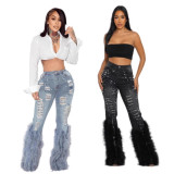 IHOOV Embellished Distressed Denim Jeans with Faux Fur Trim