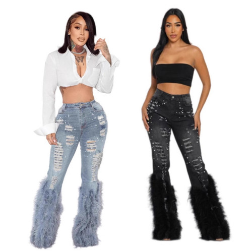 IHOOV Embellished Distressed Denim Jeans with Faux Fur Trim