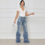 IHOOV Embellished Distressed Denim Jeans with Faux Fur Trim