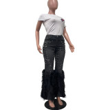 IHOOV Embellished Distressed Denim Jeans with Faux Fur Trim