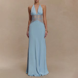 Deep V Silk Velvet Maxi Dress with Halter Neck and Accentuated Waist