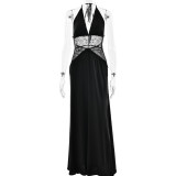 Deep V Silk Velvet Maxi Dress with Halter Neck and Accentuated Waist